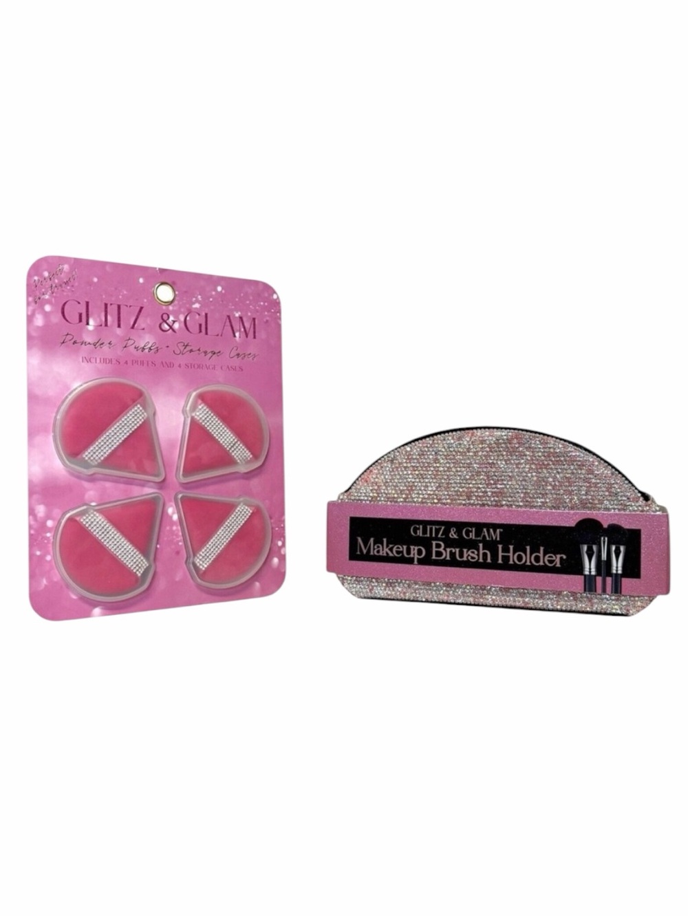 Glitz & Glam Pink Rhinestone Makeup Brush Holder and 4pc Powder Puff‎ Set NEW
